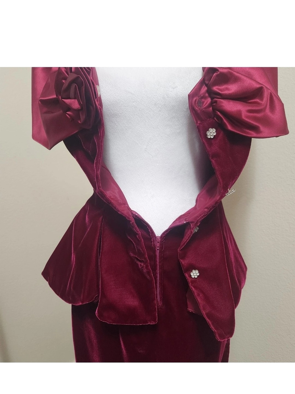 Vintage 80s 90s On On Fashions (OON) Burgundy Velvet & Satin Peplum Dress Size 5 - Picture 13 of 16